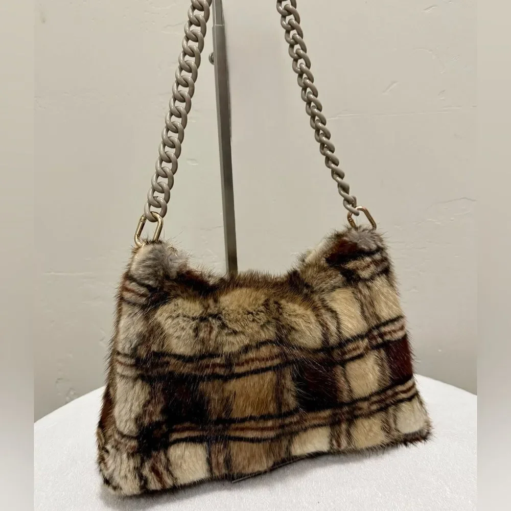 Plaid Print Real Muskrat Fur Handmade Slouchy Bag/Shoulder Bag/Crossbody